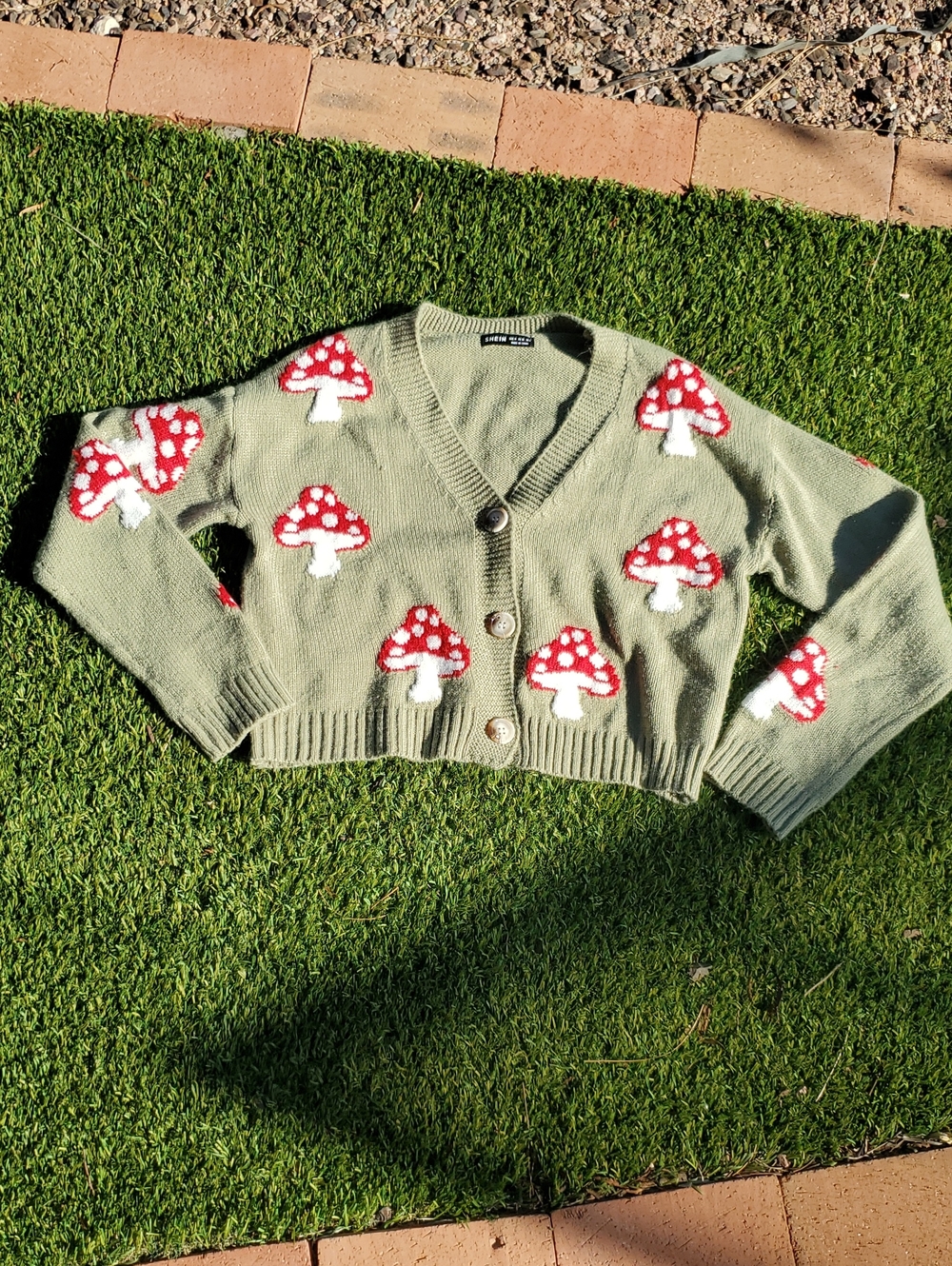 SHEIN Olive Green Cropped Cardigan with Mushroom Pattern Size MEDIUM